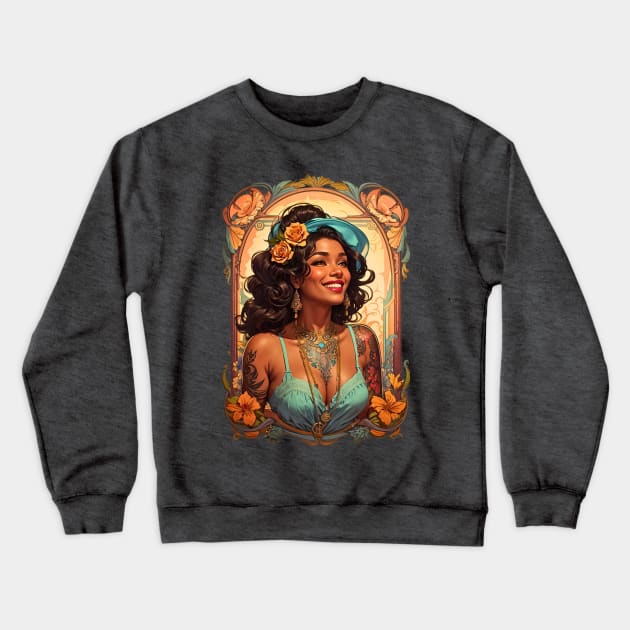 Black Bohemian Woman with tattoos retro vintage design Crewneck Sweatshirt by Neon City Bazaar